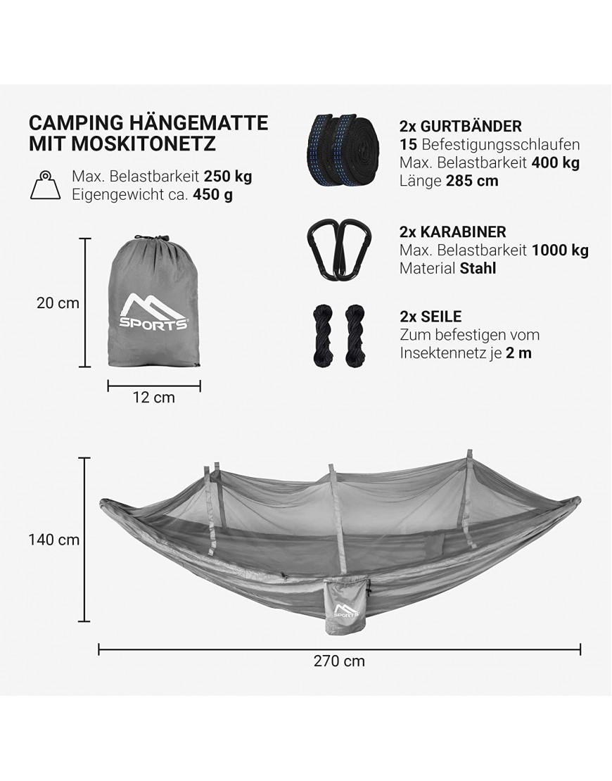 MSPORTS Camping Hängematte Premium Ultraleicht mit Moskitonetz | 250 kg Tragkraft Atmungsaktiv - B09B46V61N