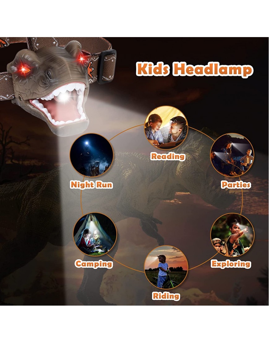 ANGELEMM LED Stirnlampe für Kinder T-Rex Dino Spielzeug LED Kopflampe mit Roar Sound Scheinwerfer mit 3 Beleuchtungsmodi Kinder Taschenlampe für Lesen Laufen Camping Wandern Angeln - B09PDK39QS