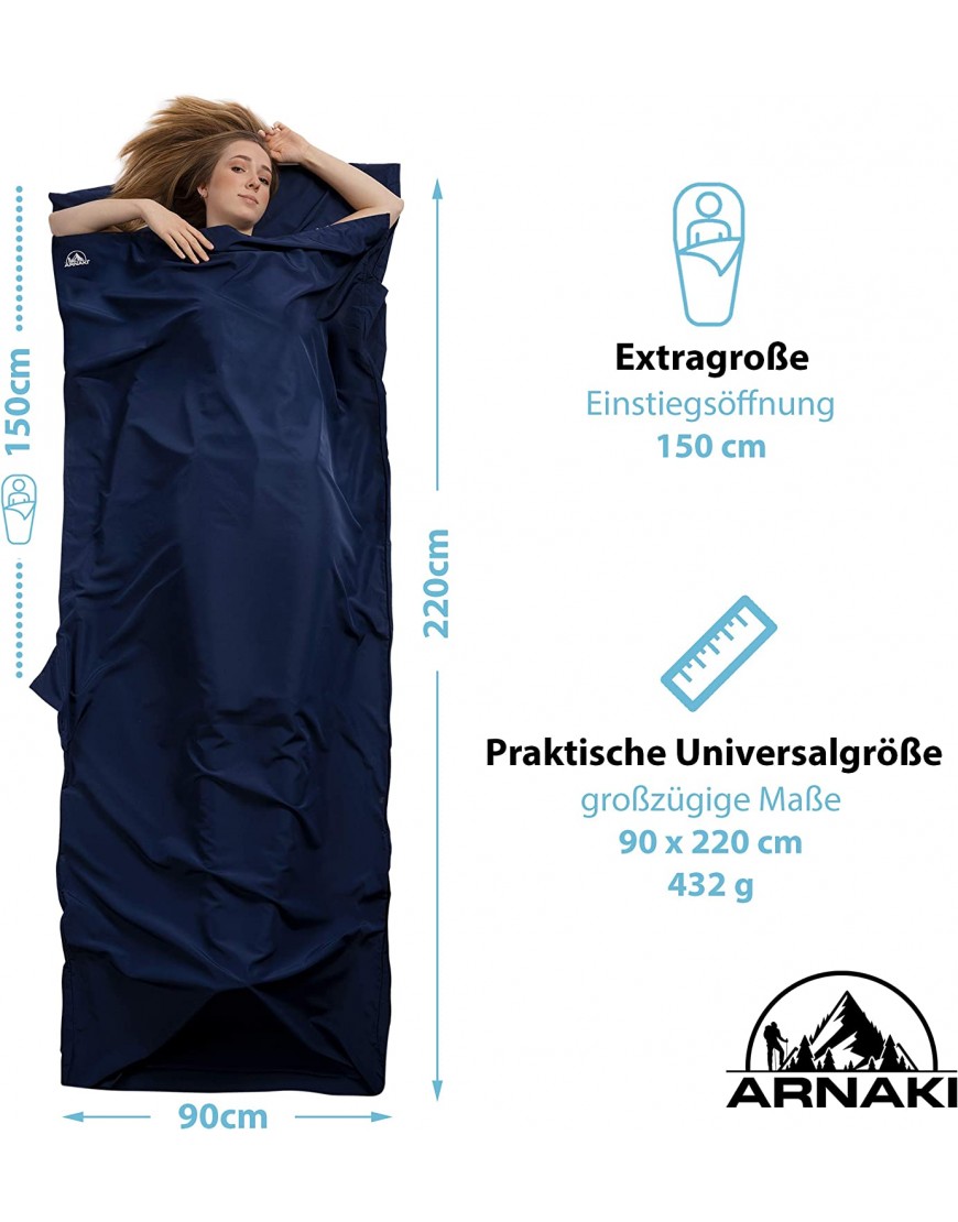 ARNAKI Premium Hüttenschlafsack – [90] x [220] cm – 100% Mikrofaser – Schlafsack im Netzbeutel – Navy Blau – Reiseschlafsack 90x220cm - B08TWSK2NC