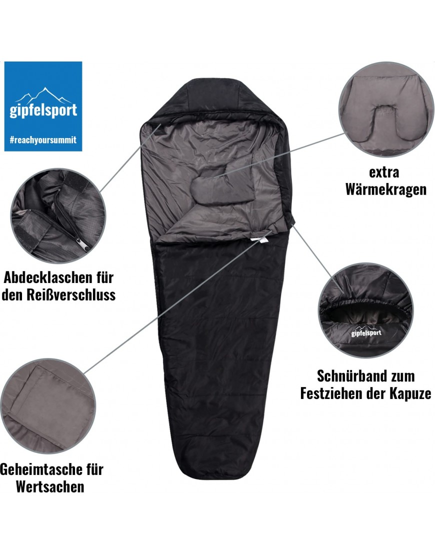 gipfelsport Mumienschlafsack Outdoor Schlafsack für Erwachsene und Kinder | Mini Sleeping Bag für Winter Herbst und Frühling | kleines Packmaß klein warm - B07K5DTGLP