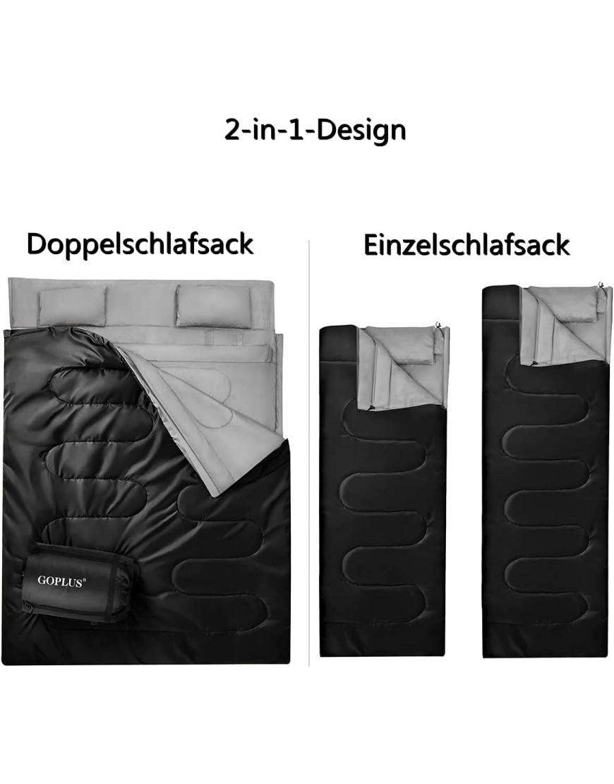 GYMAX 2 in 1 Doppelschlafsack Deckenschlafsack mit 2 Kissen & Tragetasche Schlafsack 2 Personen leichtgewichtig & wasserabweisend 0°C bis 15°C für Camping Wandern Reisen Schwarz + Grau - B097TN2SZB