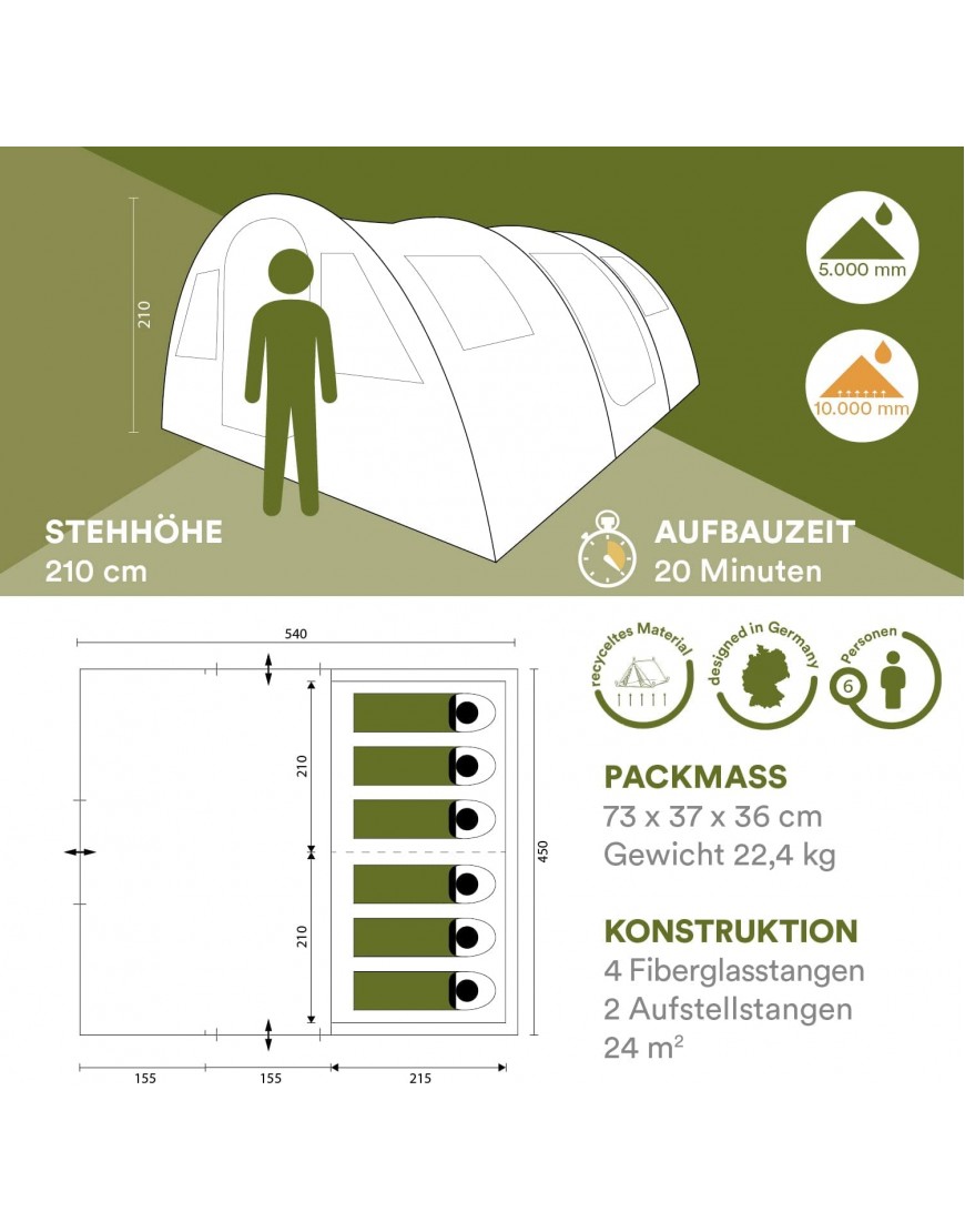 skandika Tunnelzelt Gotland für 6 Personen | Familienzelt mit eingenähtem Zeltboden wasserdicht 5000 mm Wassersäule mit ohne Sleeper Technologie teilbare Schlafkabine Moskitonetz | Campingzelt - B07QBCHS8Y