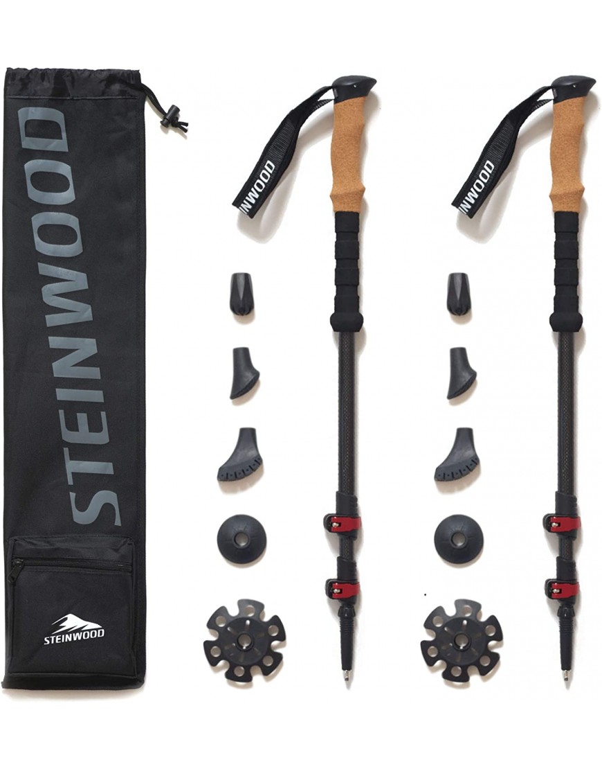 Steinwood Premium Carbon Wanderstöcke Trekkingstöcke extra leicht verstellbar mit Teleskop und Klemmverschluss mit extra Gummipuffer und Tragebeutel - B06XYRGQRY
