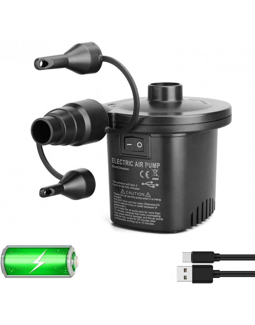 Deeplee Elektrische Luftpumpe USB Luftmatratze Pumpe 2 in 1 Elektropumpe Power Pump Inflator Deflator mit 3 Luftdüse für aufblasbare Matratze,Kissen,Bett,Boot,Schwimmring - B07H2SJCFW