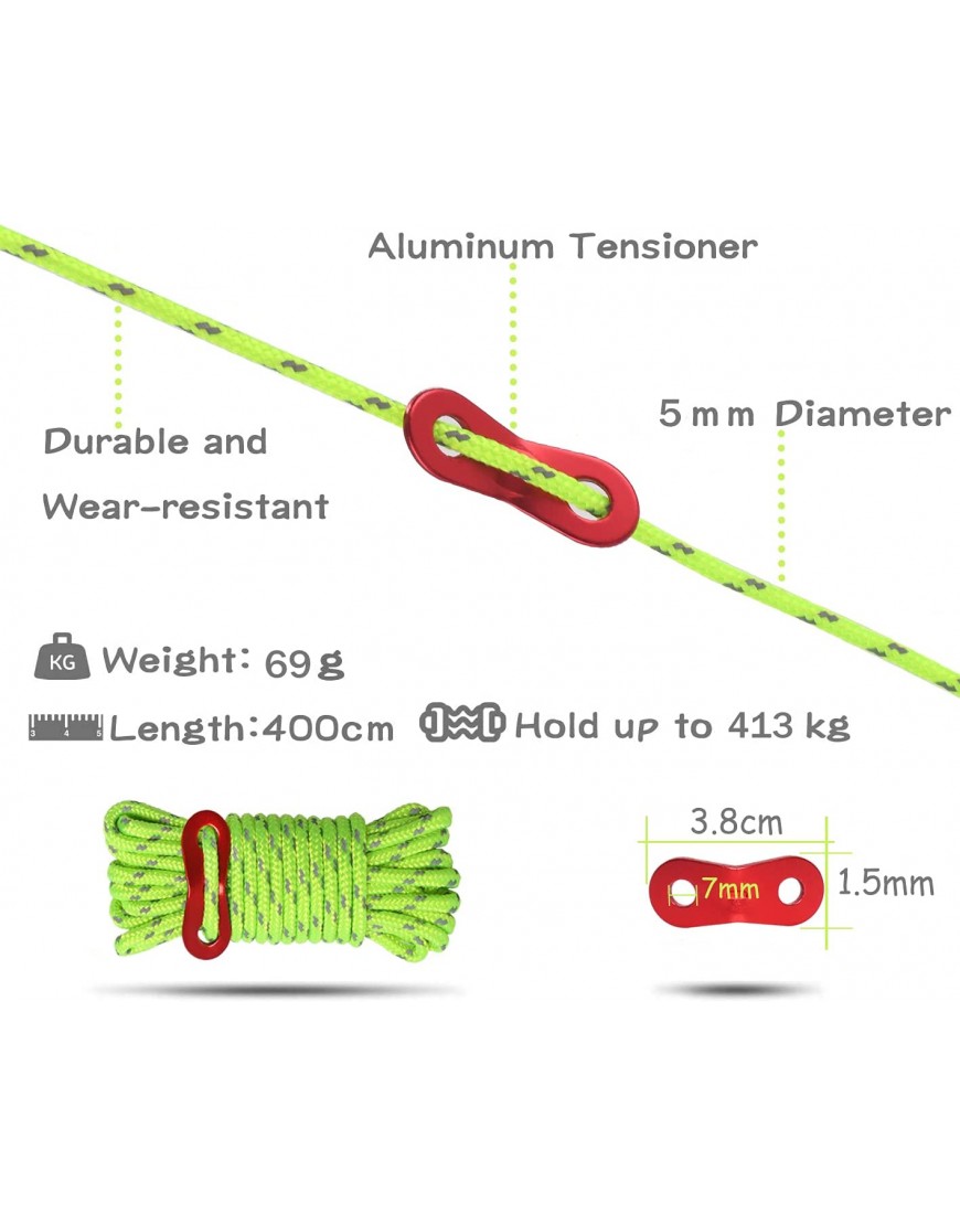 HIKEMAN 5mm Reflektierend Abspannseile Seil Schnüre Seile Leichte Abspannleine Zeltschnur mit Aluminum Seilspanner für Zelt Zeltplane Camping - B09F688BCZ